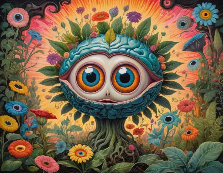 a flower with big eyes in the painting，surrounded by plants, psychedelic surrealist art, the holy grail of the brain&#39;s eye, ...