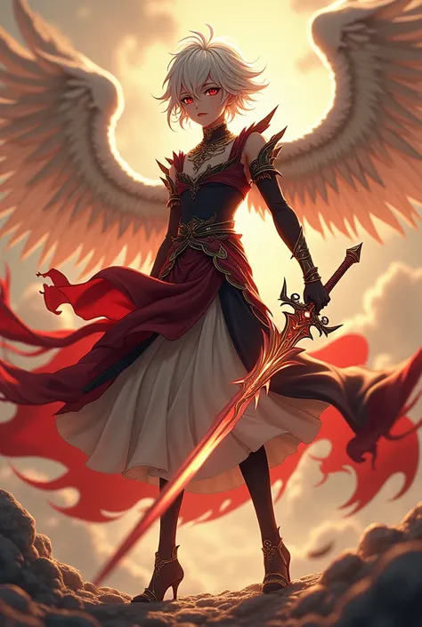  A  realistic angel god anime boy wearing a beautiful red black and white dress. 
His hair colour is white and black mixed
This pic is looking from some distance 
And he has angel wings and his eye colour is red and the number of the wings is 4 
he has ang...