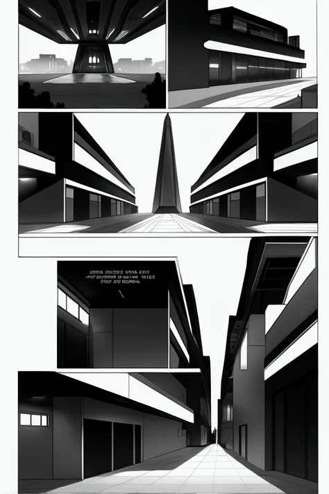 Futuristic building of the H corporation . I . IN . S in black and white panels and with dialogues in Spanish from page 2.