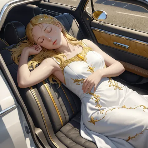 ((masterpiece)), ((Highest quality)), 8k, High resolution, Super Detail, (woman), (White dress with yellow gold trim), (Scattered golden hair ornaments), (Closed eyes) (Sleeping in the car 1.6) (Full body display 1.4) この作品はmasterpieceだ, The highest quality...