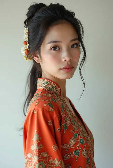 A beautiful woman，Standing straight and facing forward，Modern Nyonya Clothing，