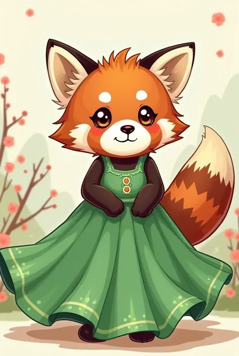 A cartoon of a red panda wearing a green dress