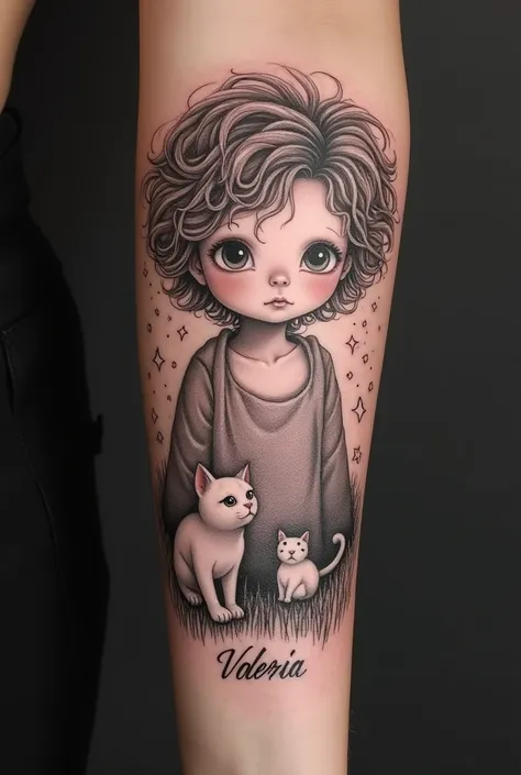 Create a tattoo in white and where a  with curly hair appears, a little prince, a baby cat, with a starry sky , that has a spiritual context , that focuses on love and eternity, somewhere on the tattoo the word "Valeria" Written in Arabic language