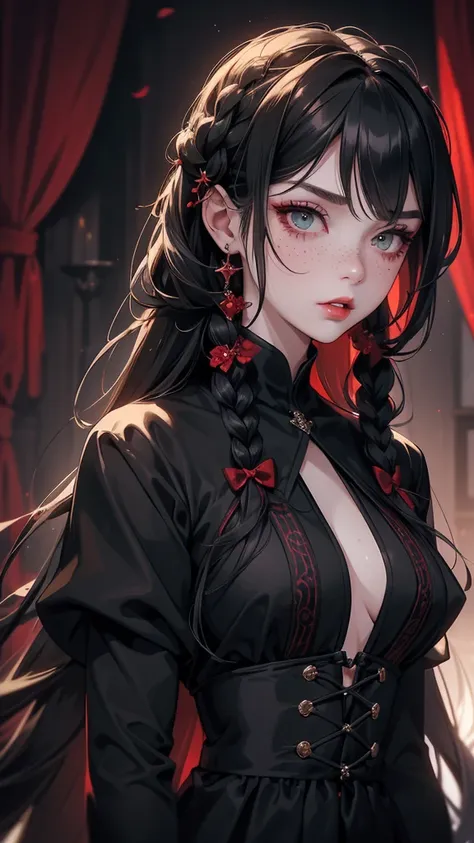 Dark and thirsty vampire; long hair, a beautiful hairstyle with oriental braids, using a hair clip; rosto angelical, fleshy lips, greeneyes, freckles on the face,  is wearing a long black dress with red details; she has an expression of arrogance and stubb...