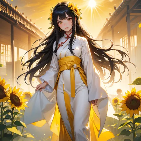 A beautiful girl with black long hair, wear white ancient chinese clothes, Walking Strolling among the sunflower fields Glowing yellow, with the sun shining on her face, close up.