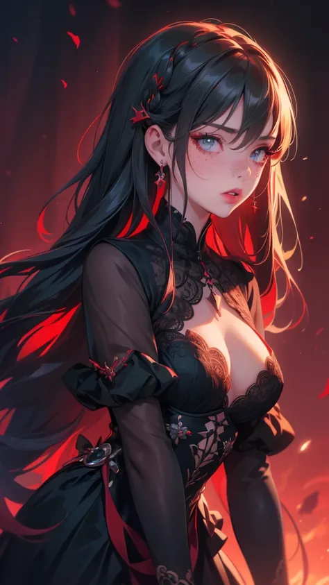 Dark and thirsty vampire; long hair, a beautiful hairstyle with oriental braids, using a hair clip; rosto angelical, fleshy lips, greeneyes, freckles on the face,  is wearing a long black dress with red details; she has an expression of arrogance and stubb...