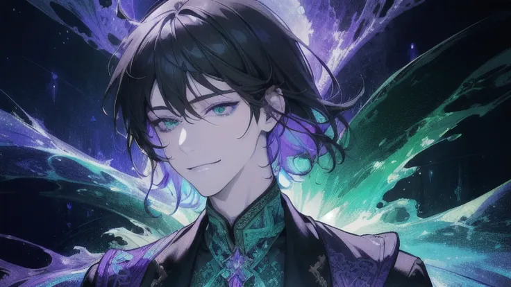 ( High resolution, Super detailed), 1 male, Adult, Tall Man, Detailed drawn eyes, Dark Hair, Fantasy, Complex patterns, Detailed face, Magical Effects, ice,smile, (Dutch Angle), Mouth closed、hope、green、Purple light、ephemeral、beautiful、Stylish