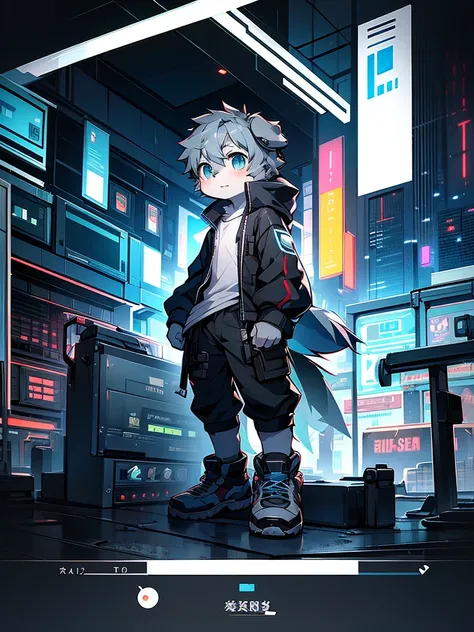 Shota，puppy，Shorty，Cyberpunk，Wear combat shoes，Full body front，Gray color，Blank Background，Setting diagram