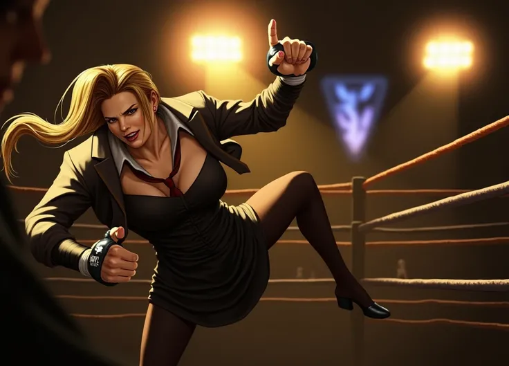 Female wearing suit and tie intense fighting in boxing ring, black suit, (three-piece suit), skirt suit, necktie, bodycon miniskirt, pantyhose, waistcoat, dynamic lighting, in the dark, deep shadow, low key, cowboy shot full-lenght body,fight stance, taunt...