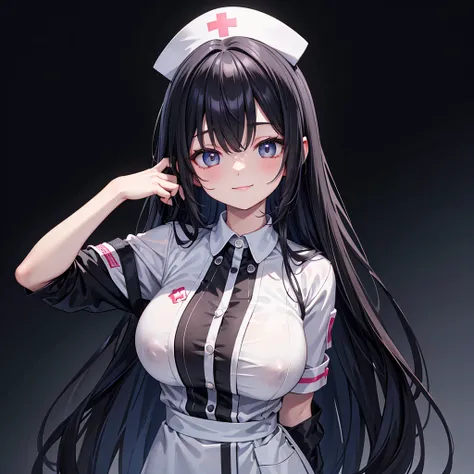 One person, High resolution, Gaze, smile, masterpiece, accurate, Highest quality, High-resolution model, High detail, Very detailed, Textured skin, Ultra high definition, Large Breasts, Shortcuts,nurse、nurse、Nurse uniform、Long Hair, Black Hair, 