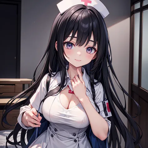 One person, High resolution, Gaze, smile, masterpiece, accurate, Highest quality, High-resolution model, High detail, Very detailed, Textured skin, Ultra high definition, Large Breasts, Shortcuts,nurse、nurse、Nurse uniform、Long Hair, Black Hair, 