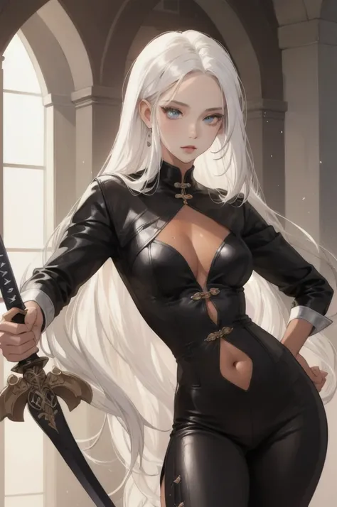 a beautiful anime  tanned woman with long white hair,extremely detailed face and eyes,sexy and slender body, leather clothes,medieval castle,fantasy, holding sword, tan skin