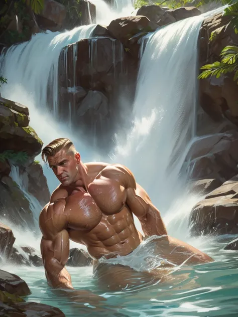 Illustration in the style of Leyendecker; First Sergeant, a pumped up and muscular handsome blond 45 years old bathes in a waterfall. He has a big dick, a boner, an erection. He fucks a 1 in the ass. Wet hair. Wet skin. Soldiers tokens on his neck.