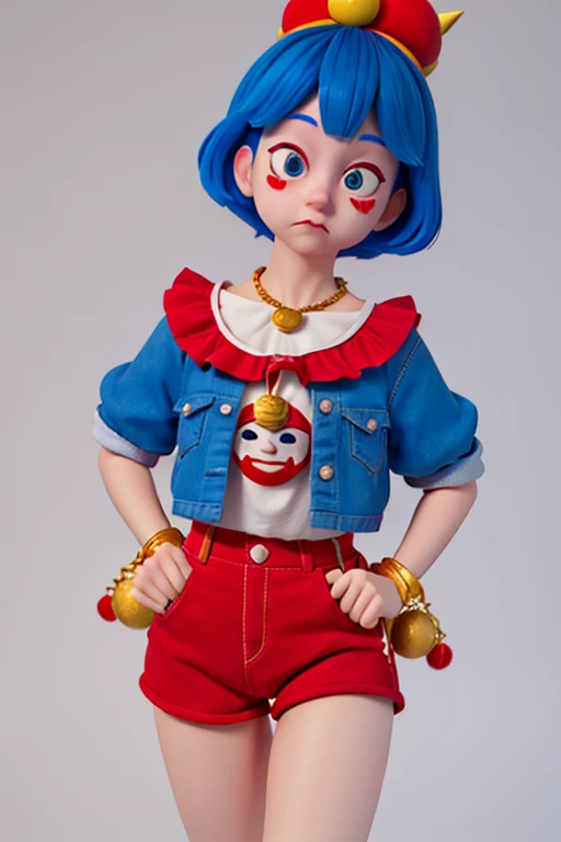 １６age、female、Clown style、Blank Face、Gold, blue and red hair、Blue and red clothes、Shorts、Trump mark on cheek、不良female、funny Face、Thorny Necklace、