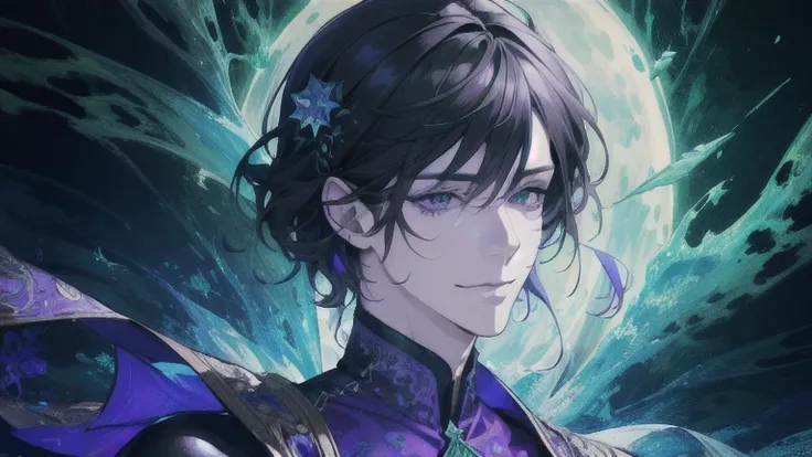 ( High resolution, Super detailed), One male model, Adult, Tall Man, Detailed drawn eyes, Dark Hair, Fantasy, Complex patterns, Detailed face, Magical Effects, ice,smile, (Dutch Angle), Mouth closed、hope、green、Purple light、ephemeral