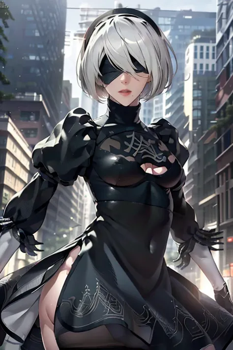 (((2B)), nier_automata, white hair, short hair, blindfold, black_dress, black_hairband, covered_eyes, robot_joints, android, cyborg, clothing_cutout, happy, excited, serious, despair, city, outdoors, (official art), fantasy, masterpiece, best quality, (hig...