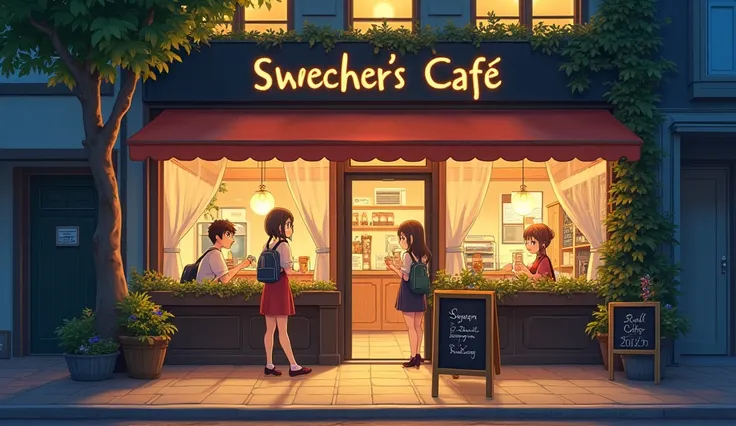 A cafe with the name "Swechers Cafe" written on the board, night time, anime style