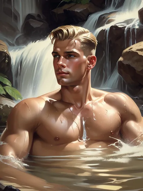  Illustration in the style of Leyendecker; First Sergeant, handsome blond 27 years old bathing in a waterfall. Wet hair. Wet skin. dog tags on his neck.