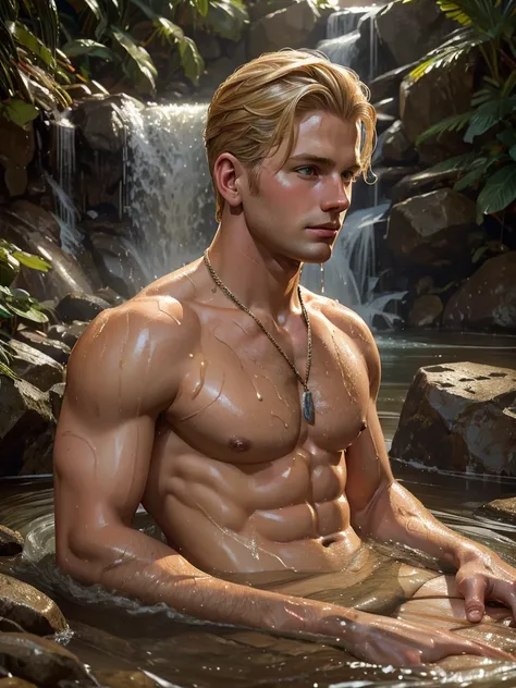  Illustration in the style of Leyendecker; First Sergeant, handsome blond 27 years old bathing in a waterfall. Wet hair. Wet skin. dog tags on his neck.