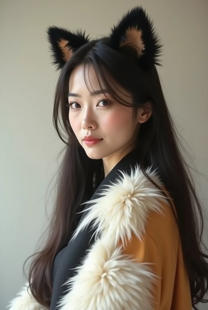 A beautiful middle aged Japanese woman wearing a cat costume with hoodies. The fur pattern should be that of calico cat: patches of white, black, and white. The costume doesnt have a cat face. It should show only above her chest. 