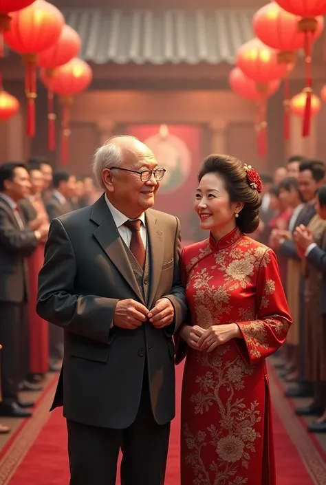 An elderly couple at a wedding，Men&#39;s charcoal grey suit，Women wearing cheongsam。Asian。Send blessings to the newlyweds。



