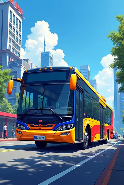 Create a bus livery with a color of blue , yellow and red