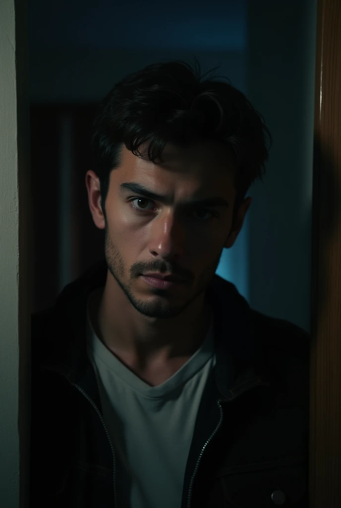 Close up of a young and cautious man standing up in front of  a dark living room door, nightmare 