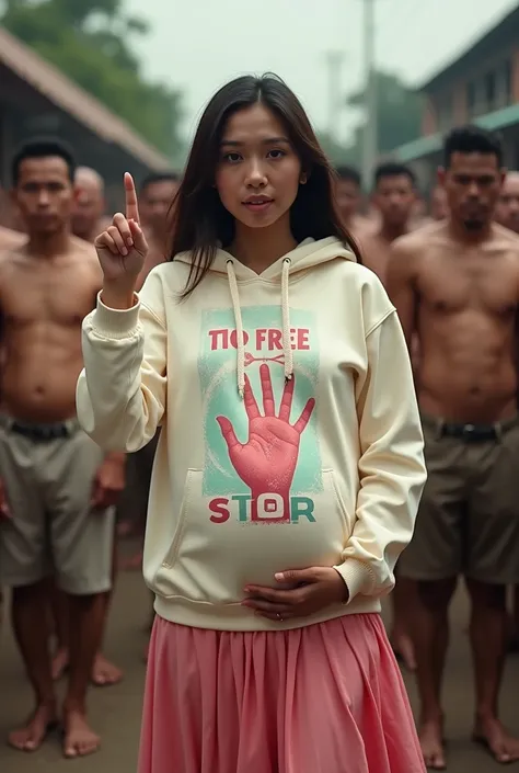 A PREGNANT indonesian pretty woman, wearing a cream hoodie with a strong vector design featuring a silhouetted image of a five-fingered palm in pastel colour with love and light. The phrase "STOP FREE SEX" is displayed in bold simple elegand, distressed ty...