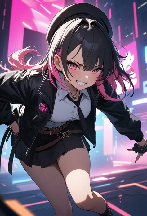 High Quality, Masterpiece, 1girl, cute, gyaru, ((two tone hair)), (black hair), pink hair, Black beret hat, black leather jacket, black top, Black miniskirt, brown belt, red sunglasses, One leg in torn black tights, the other leg bare, Cyberpunk futuristic...