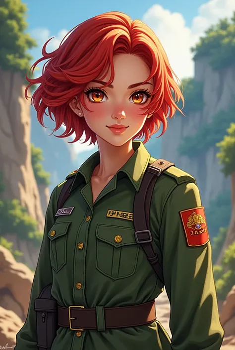 A story about a woman named Nirinthra, short wavy red hair, cheerful, bright eyes, a Thai soldier, a 21-year-old teenager, bold.