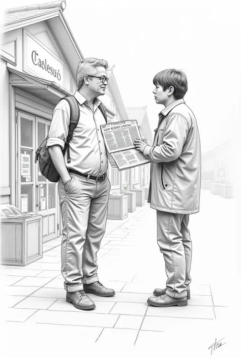 Draw a pencil drawing of two person standing opposite 
out side local tea shop with news paper
