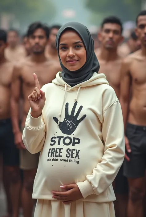 Pregnant, A hijaber indonesian pretty woman, wearing a cream hoodie with a strong vector design featuring a silhouetted image of a five-fingered palm in pastel colour with love and light. The phrase "STOP FREE SEX" is displayed in bold simple elegand, dist...