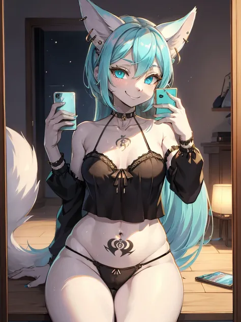 Miku Hatsune, add high definition_detail:1, blue fur,kitsune ears, tribal tattoo add_detail:1, She takes a selfie in front of the mirror in a room during a full moon showing off her beautiful figure and her outfit. (black blouse bare shoulders, flirty ling...