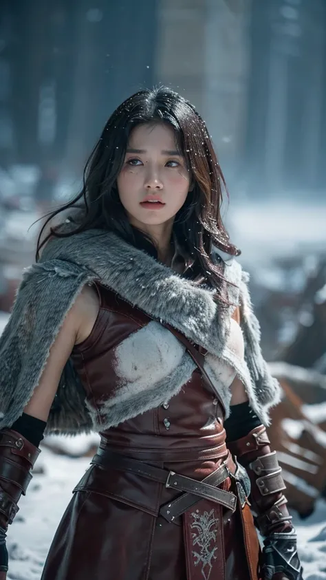 cinematic still stunning warrior stands tall amidst the chaos of a snow-shrouded battlefield, fur-lined cloak and distressed leather armor covering from the neck down, battered and bloodied, muscles rippling beneath her skin, ruthless efficiency, snow swir...