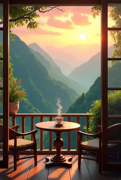 Beautiful balcony with table cup of tea with view of sunrise green  mountain 
hyperreal