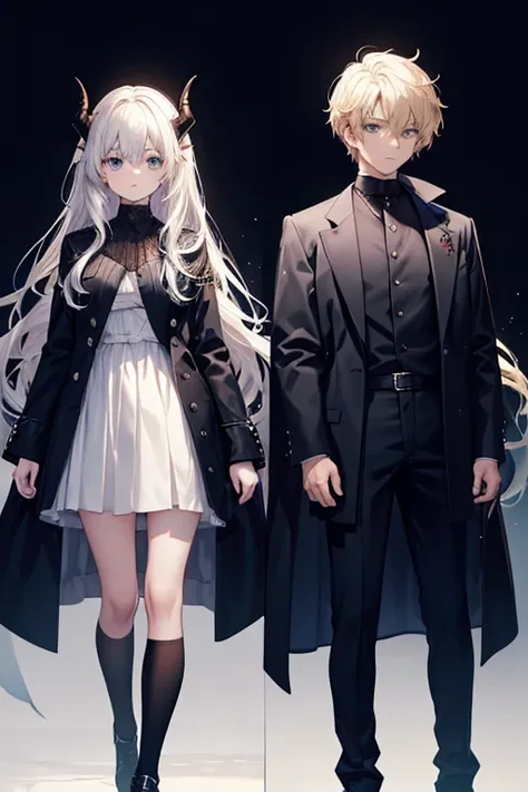 There are two in the picture. The first one is a girl in light clothes standing on the left. The second one is a guy with horns in dark clothes standing on the right side. They look into each other&#39;s faces