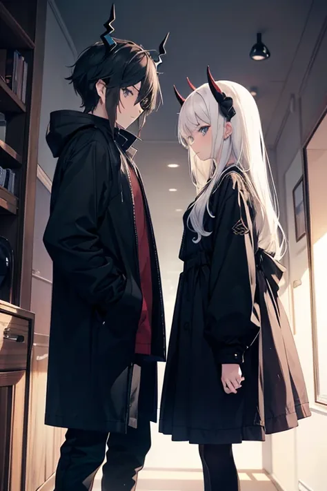 There are two in the picture. The first one is a girl in light clothes standing on the left. The second one is a guy with horns in dark clothes standing on the right side. They look into each other&#39;s faces