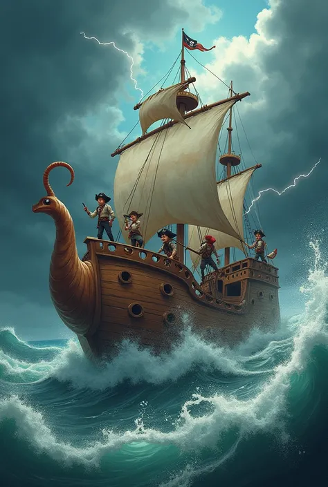 A ship sailing with pirate children on it 
Make it look like a tea pot 
Make it look like there is a strong storm
Show them fighting against a kraken 
Show them firing their cannon at it 