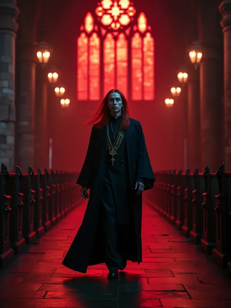 A striking cinematic image of a mysterious man with long, flowing red hair and piercing blue eyes. He is dressed in traditional priest attire with a touch of vintage gothic flair, complete with a long, flowing robe and ornate collar. The man walks in the c...