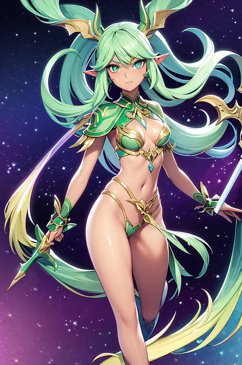 prismatic coloration, holographic environment, young plant girl with a dark skin tone, Elegant, elven ears, tanned skin tone, serious glare, ponytails, leaf green hair, Heterochromia with deep green & Gold eyes, C-cup, lithe, fit, modest tribal attire, ful...