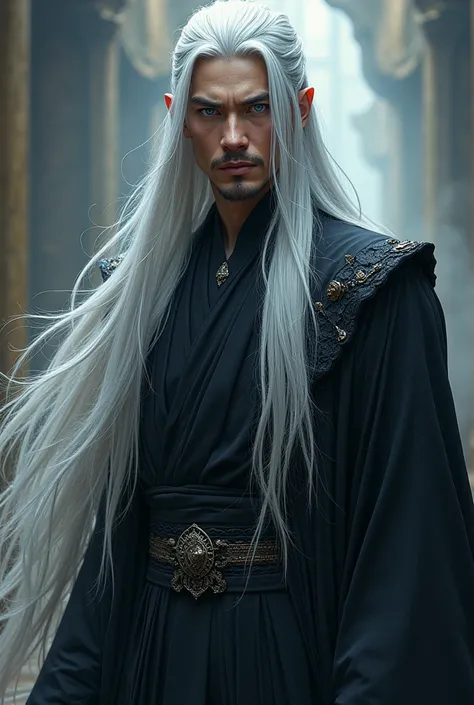 1 man, Manhua style, long silver hair, super handsome face, Unfriendly, uy nghiêm, nam thần cổ trang, wearing black costume, nhìn thẳng, one blue eye and one pink eye. 