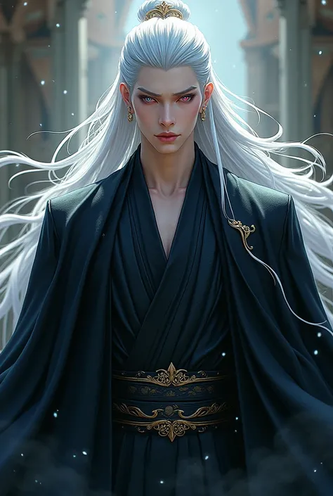 1 man, Manhua style, long silver hair, super handsome face, Unfriendly, uy nghiêm, nam thần cổ trang, wearing black costume, nhìn thẳng, one blue eye and one pink eye. 