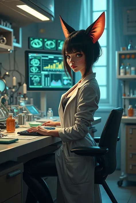 Scientist catgirl in latex leggings 