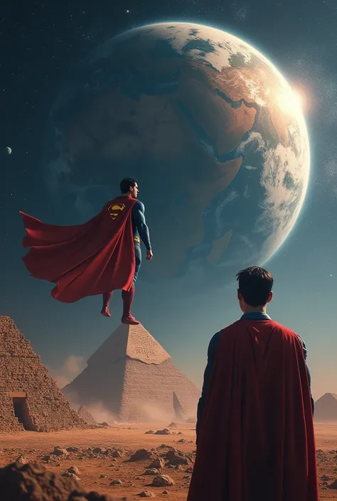 In the background, outer space and Superman flying in space. Then he stops to look at planet Earth, specifically at Egypt, and finds a distress call written in kryptonite, which weakens Superman. He looks at the place sadly because he cannot save him. 