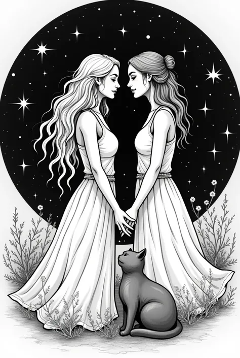 create a black and white tattoo minimalist style vector, where a  with curly hair appears holding hands with a  with broken hair and next to her a small gray cat, with a starry sky , that has a spiritual context , that focuses on love and eternity