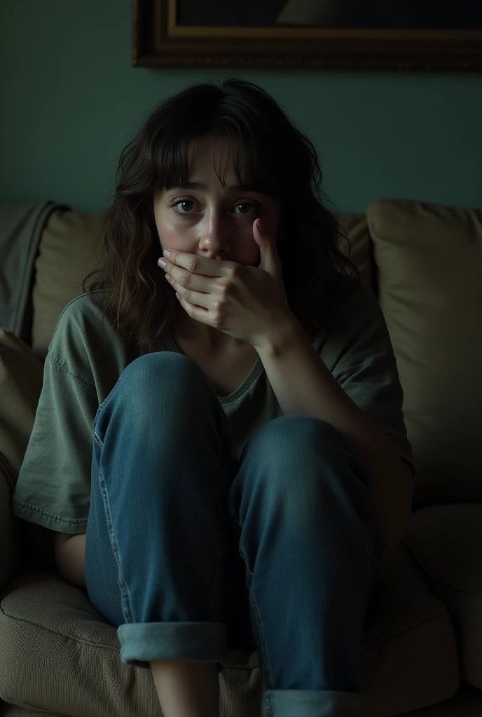 Close up of a young woman with her hand over her mouth sitting on  a worn out living room couch in the dark, nightmare 