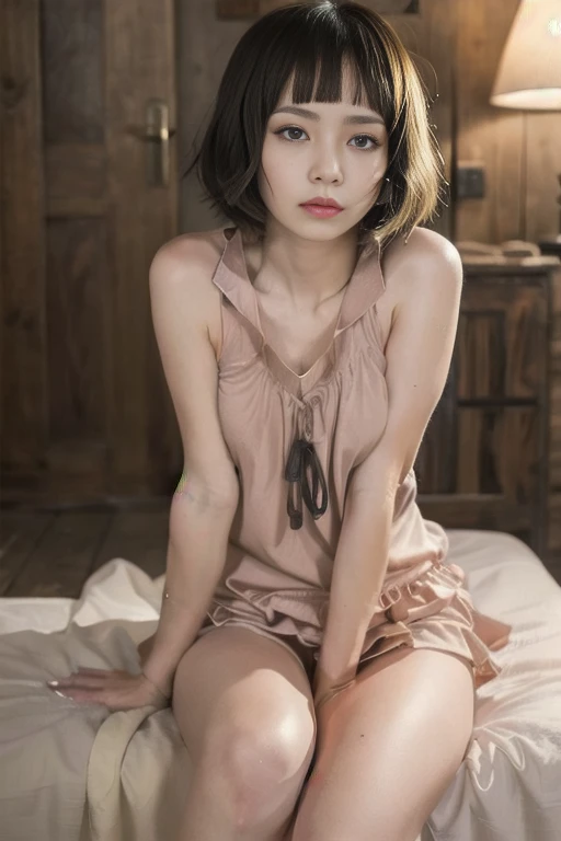 raw photo, 8k, (top-quality), Realistic, (real picture, Intricate details), (natural skin texture, detailed skin, hyper realism, sharpness), (Japanese teenage girl sitting on small bed in a old hotel at night, hands between leg), ((towel wrapped on naked, ...