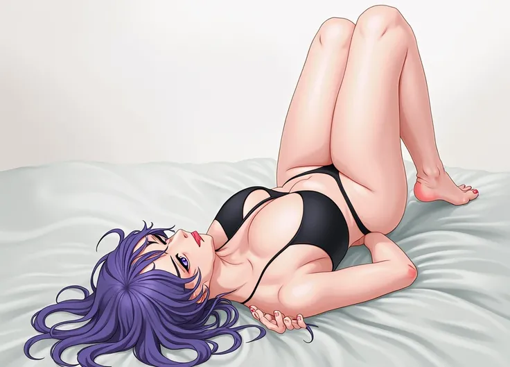 anime girl with purple hair and a black top posing naked, 2 b, 2b, revealing clothes, thicc, realistic shaded perfect body, full colored, full body close-up shot, seductive anime girl, from character anime, fern character anime