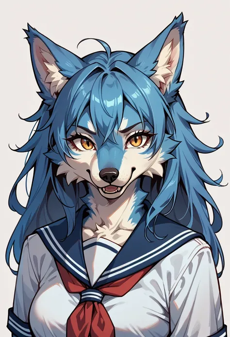 1girl, blue fur, wolf girl, medium breasts, school uniform, portrait, simple background, (furry:1.5)