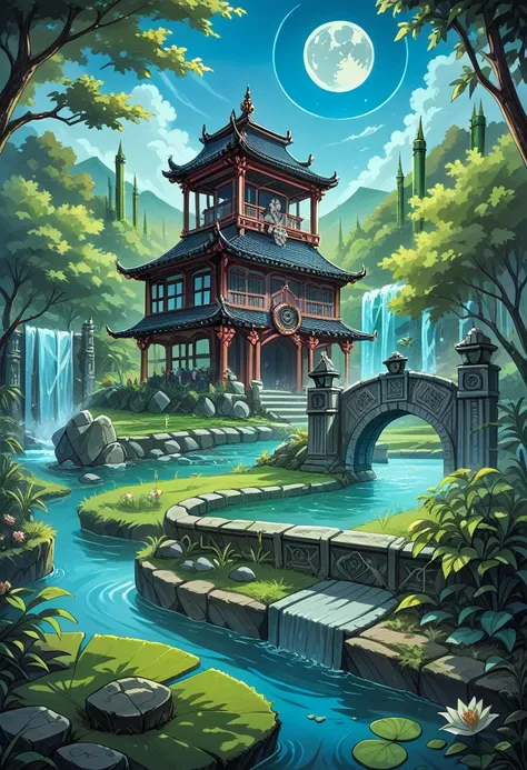 ancient chinese architecture, moon, midnight, garden, bamboo, lake, stone bridge, rockery, arch, corner, tree, running water, la...